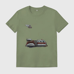 Футболка хлопковая мужская Летающая пожарная машина ретрофутуризм, цвет: авокадо