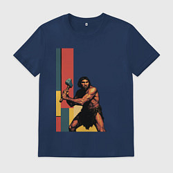 Футболка хлопковая мужская Поп-арт неандерталец, цвет: тёмно-синий