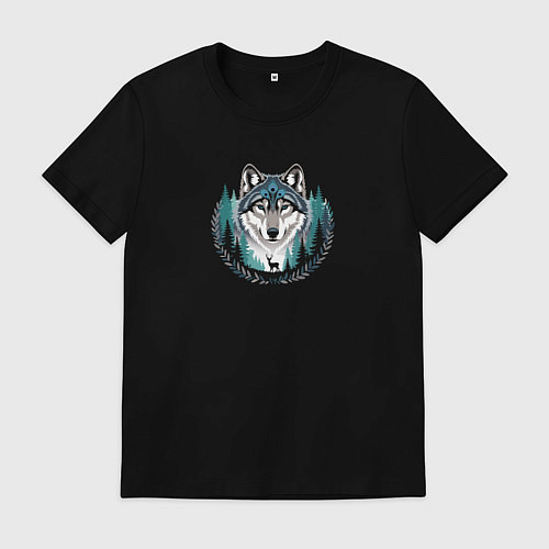 Мужская футболка Голова волка над лесом и силуэт оленя / Черный – фото 1