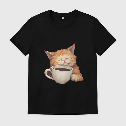 Мужская футболка Уставший кот спит на кружке с кофе / Черный – фото 1