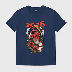 Футболка хлопковая мужская Красная огненная лошадь 2026, цвет: тёмно-синий
