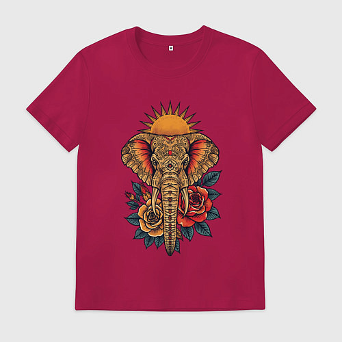 Мужская футболка Слон на фоне солнца с розами в стиле тату / Маджента – фото 1