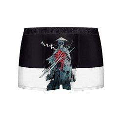 Трусы-боксеры мужские Скелет Самурай с трубкой на черно белом фоне, цвет: 3D-принт