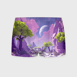 Трусы-боксеры мужские Фиолетовые горы зеленые деревья и космос, цвет: 3D-принт
