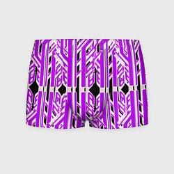 Трусы-боксеры мужские Бело-фиолетовые техно полосы на чёрном фоне, цвет: 3D-принт
