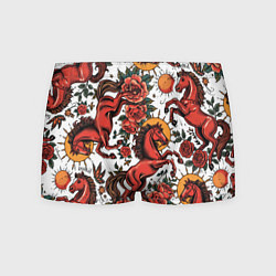 Трусы-боксеры мужские Красный конь в стиле татуировки, цвет: 3D-принт