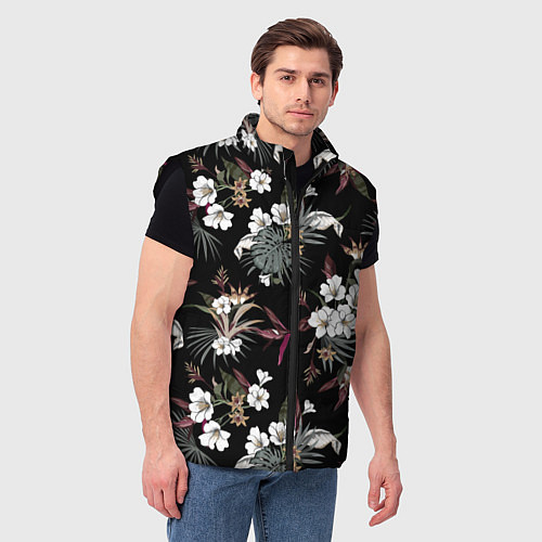 Мужской жилет Белые цветы в темноте / 3D-Черный – фото 3