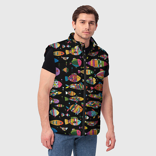 Мужской жилет Разноцветные рыбы - черный фон / 3D-Черный – фото 3
