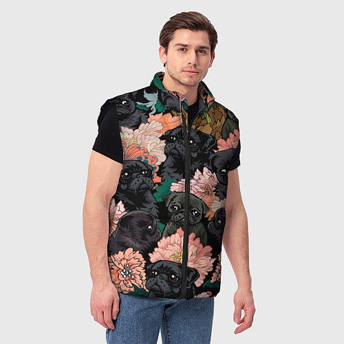 Мужской жилет Мопсы и Цветы / 3D-Черный – фото 3