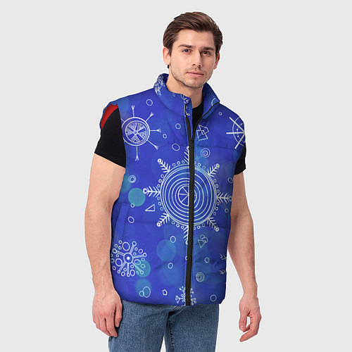 Мужской жилет Белые простые снежинки на синем фоне / 3D-Красный – фото 3