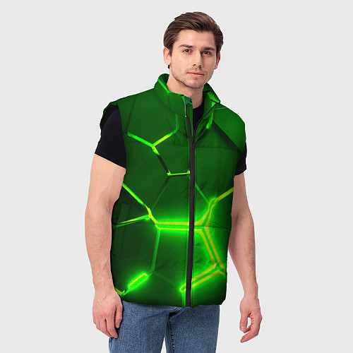 Мужской жилет 3D ПЛИТЫ НЕОН NEON GREEN HEXAGON РАЗЛОМ / 3D-Черный – фото 3