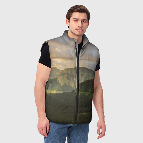Мужской жилет Горы, лес, небо / 3D-Черный – фото 3