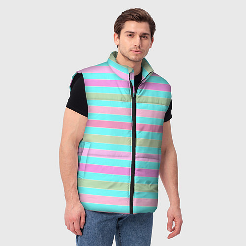 Мужской жилет Pink turquoise stripes horizontal Полосатый узор / 3D-Черный – фото 3