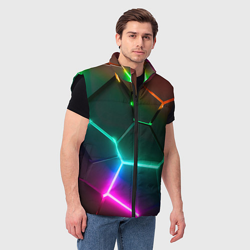 Мужской жилет Радужный градиент неоновые геометрические плиты / 3D-Черный – фото 3