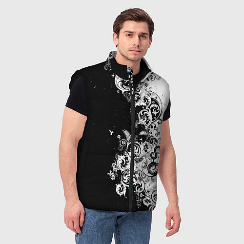 Мужской жилет Черно-белые цветы и колибри / 3D-Черный – фото 3