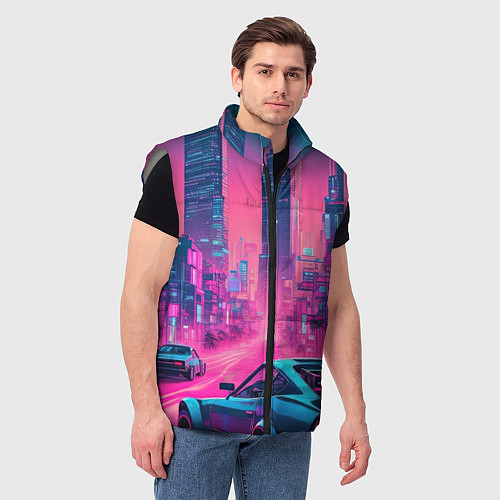 Мужской жилет Вечерний город в неоновых огнях / 3D-Светло-серый – фото 3