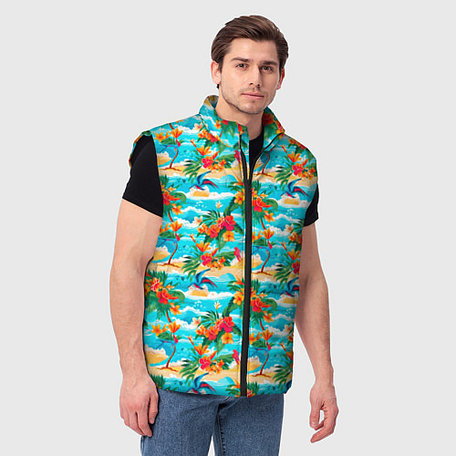 Мужской жилет Гавайский стиль море и цветы / 3D-Черный – фото 3