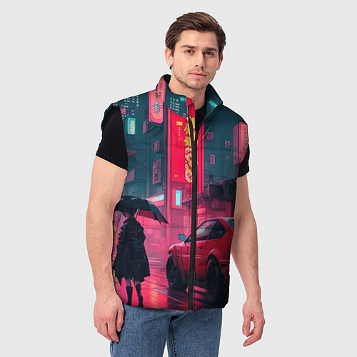 Мужской жилет Дождь на улицах Японии / 3D-Черный – фото 3