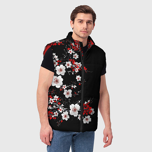 Мужской жилет Белая и красная сакура - цветение / 3D-Красный – фото 3