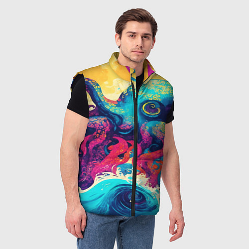 Мужской жилет Разноцветный осьминог на волнах красок / 3D-Черный – фото 3