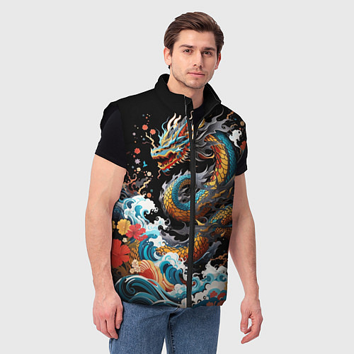 Мужской жилет Дракон на волнах в японском стиле арт / 3D-Черный – фото 3