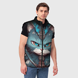 Мужской жилет Кот самурай сердитый, цвет: 3D-черный — фото 2