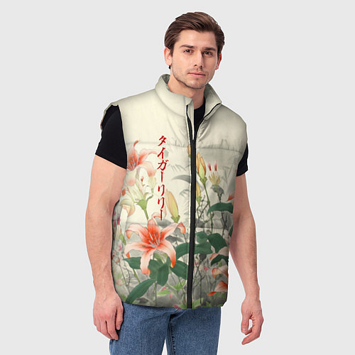 Мужской жилет Тигровые лилии - японский стиль / 3D-Черный – фото 3