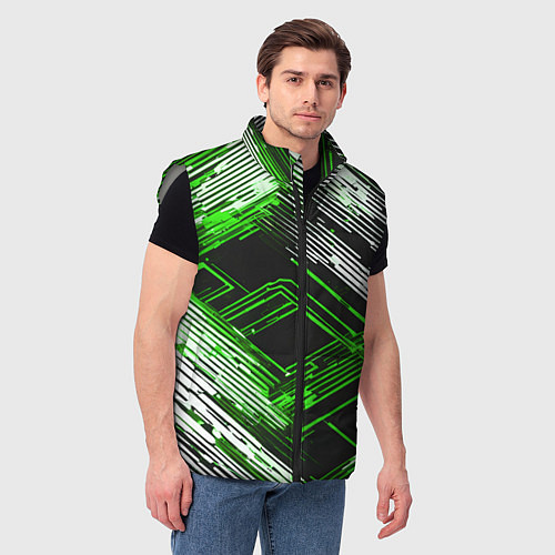Мужской жилет Киберпанк линии белые и зелёные / 3D-Светло-серый – фото 3