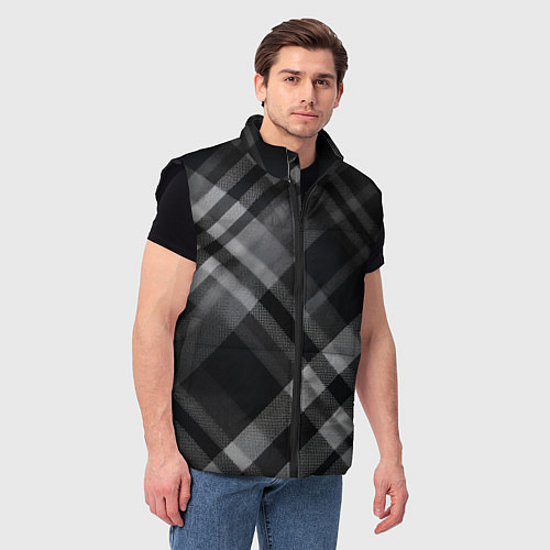 Мужской жилет Черно-белая диагональная клетка в шотландском стил / 3D-Черный – фото 3