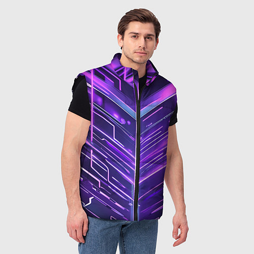 Мужской жилет Фиолетовые неон полосы киберпанк / 3D-Черный – фото 3