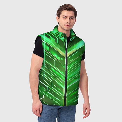 Мужской жилет Зелёные неон полосы киберпанк / 3D-Черный – фото 3