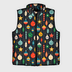 Мужской жилет Новогодние ёлочные игрушки на черном фоне, цвет: 3D-светло-серый