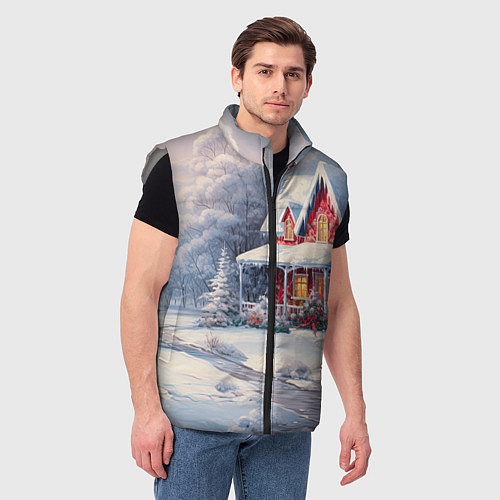 Мужской жилет Новогодний снежный дом / 3D-Светло-серый – фото 3