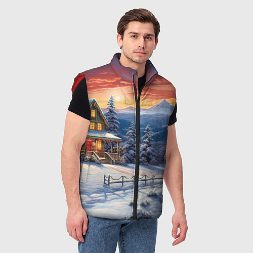 Мужской жилет Зимний праздник в сказочном городке / 3D-Красный – фото 3
