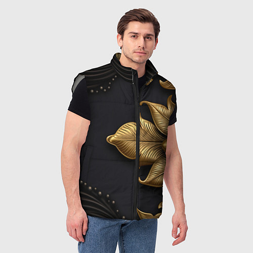 Мужской жилет Золотые объемные листья на черном фоне / 3D-Светло-серый – фото 3