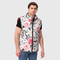 Мужской жилет Розовые розы и серые листочки - паттерн, цвет: 3D-красный — фото 2