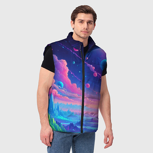 Мужской жилет Fantastic space landscape - neon glow / 3D-Черный – фото 3