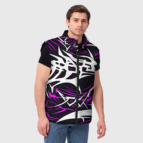Мужской жилет Белые и розовые агрессивные линии на чёрном фоне / 3D-Черный – фото 3