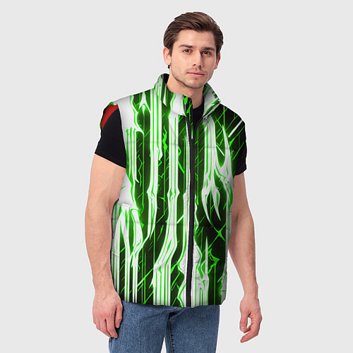 Мужской жилет Зелёные неоновые полосы на чёрном фоне / 3D-Красный – фото 3