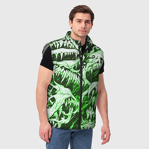 Мужской жилет Белые клыки на зелёном фоне / 3D-Светло-серый – фото 3