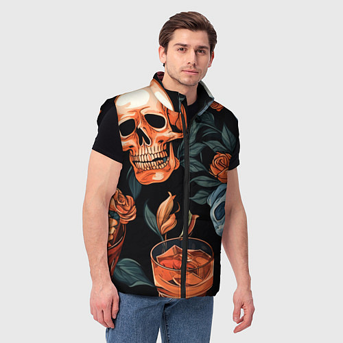 Мужской жилет Кусты черепов с розами и пионами / 3D-Черный – фото 3