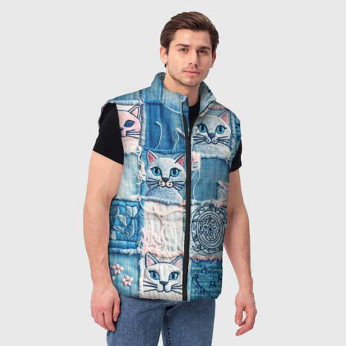 Мужской жилет Кошки на пэчворк джинсах паттерн / 3D-Черный – фото 3