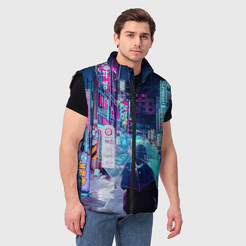 Мужской жилет Дождливый неоновый вечер в Японии / 3D-Черный – фото 3