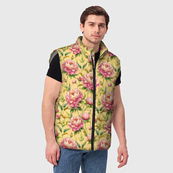 Мужской жилет Крупные пионы садовые цветы бутоны паттерн, цвет: 3D-светло-серый — фото 2