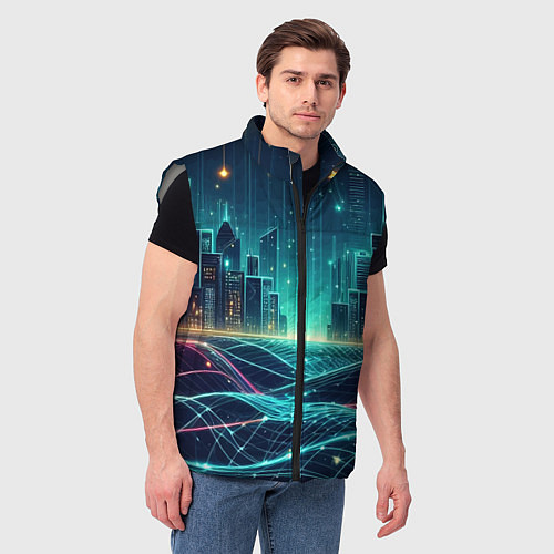 Мужской жилет Metropolis - vaporwave neon glow / 3D-Светло-серый – фото 3
