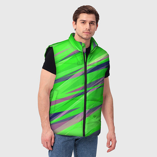 Мужской жилет Зелёный и фиолетовый абстрактные полосы / 3D-Черный – фото 3