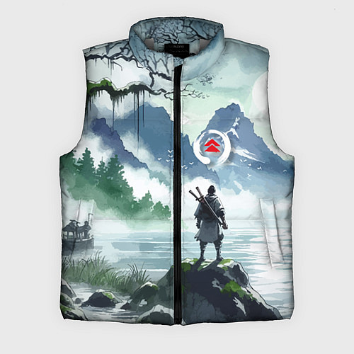Мужской жилет Самурай на берегу горного озера - нейросеть / 3D-Светло-серый – фото 1