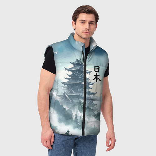Мужской жилет Японская пагода в тумане - нейросеть / 3D-Черный – фото 3