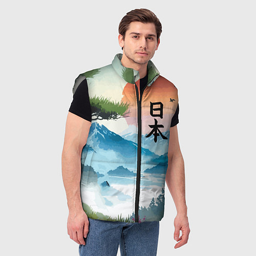 Мужской жилет Восход красного солнца - Японский пейзаж / 3D-Светло-серый – фото 3