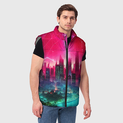 Мужской жилет Неоновая гроза в мегаполисе - удар молнии / 3D-Светло-серый – фото 3